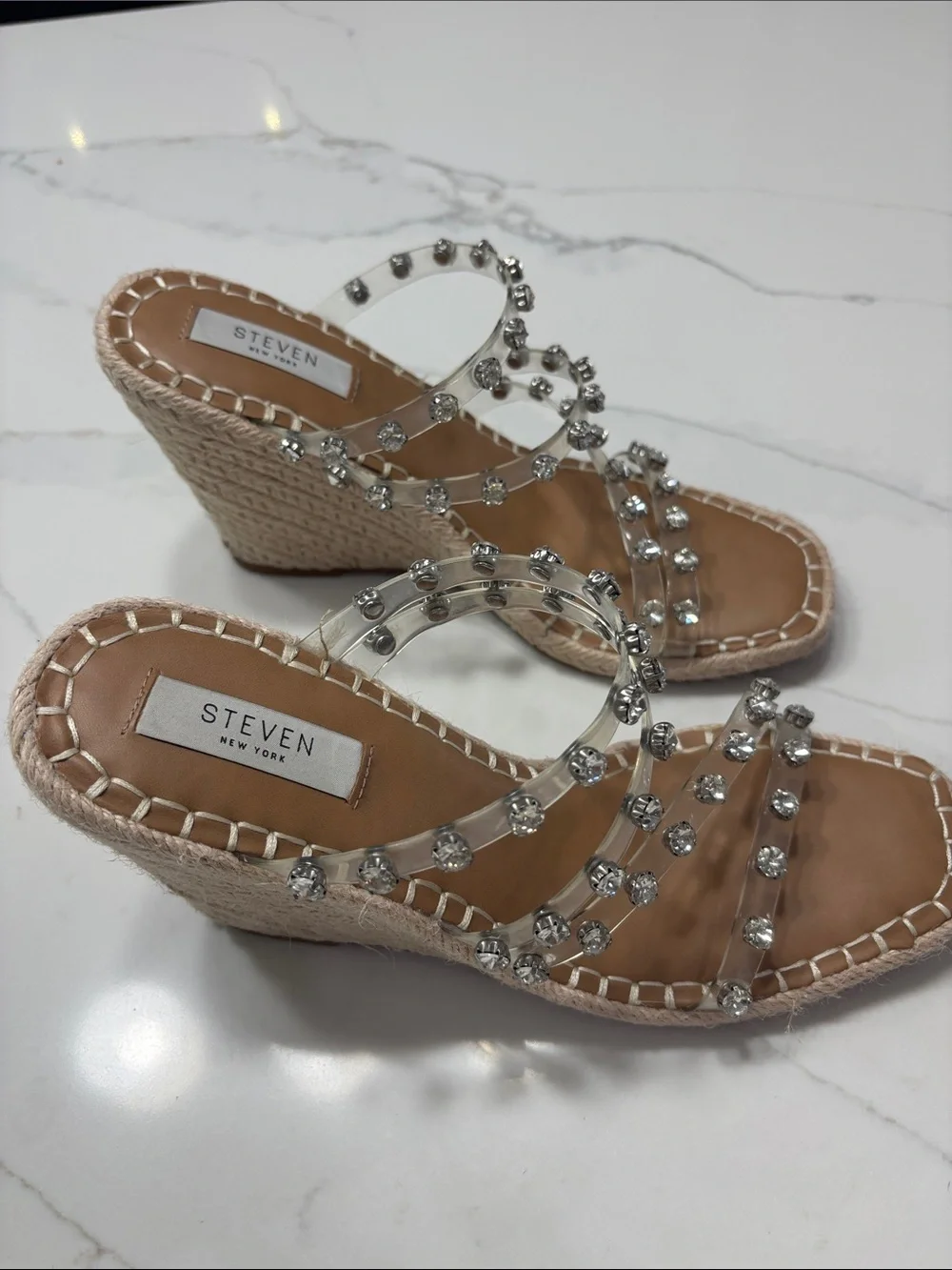 Steven Jeweled Clear Espadrille Wedge - Nude/Clear